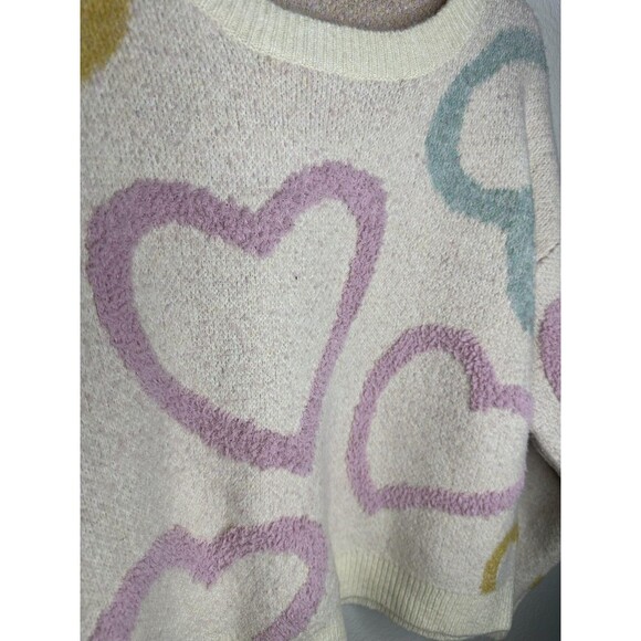 Threaded Leaf Sweater Womens Medium Cream Pastel Hearts Crewneck Pullover Fuzzy - Picture 2 of 6